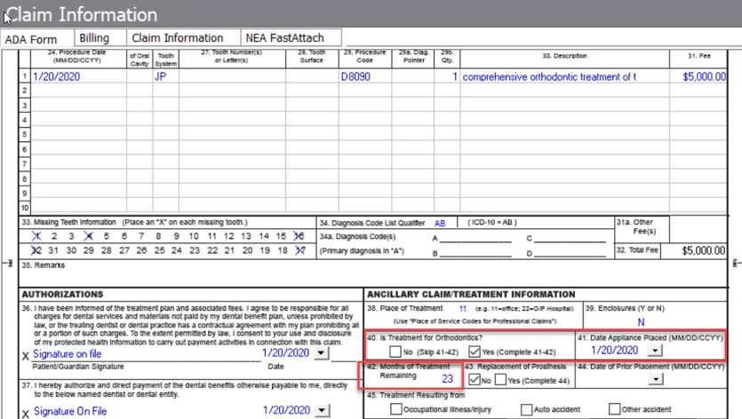 implementing orthodontics in claim creation